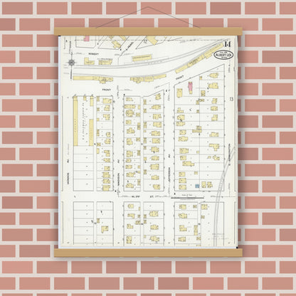 Old map wall art mockup — magnetic wood frame on brick wall — Sanborn Fire Insurance Map from Albert Lea, Freeborn County, Minnesota (1918), Sheet #0014