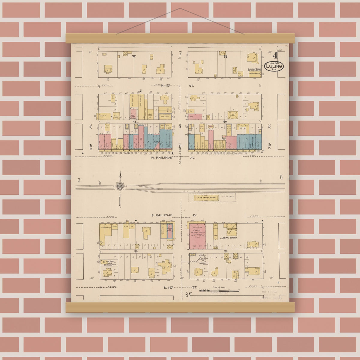 Old map wall art mockup — magnetic wood frame on brick wall — Sanborn Fire Insurance Map from Luling, Caldwell County, Texas (1921), Sheet #0004