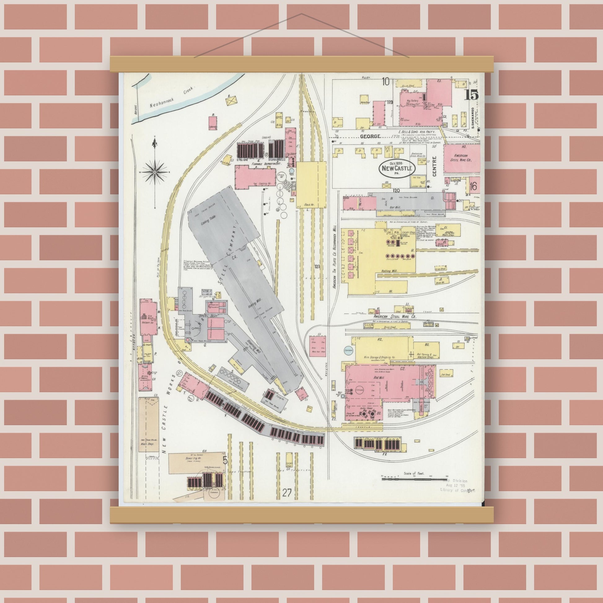 Old map wall art mockup — magnetic wood frame on brick wall — Sanborn Fire Insurance Map from New Castle, Lawrence County, Pennsylvania (1899), Sheet #0015