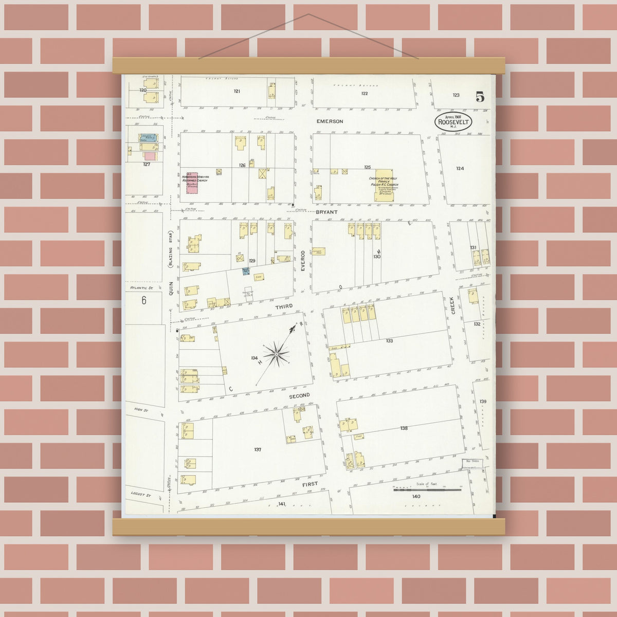 Old map wall art mockup — magnetic wood frame on brick wall — Sanborn Fire Insurance Map from Roosevelt, Middlesex County, New Jersey (1908), Sheet #0005