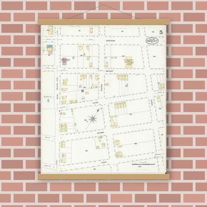 Old map wall art mockup — magnetic wood frame on brick wall — Sanborn Fire Insurance Map from Roosevelt, Middlesex County, New Jersey (1908), Sheet #0005