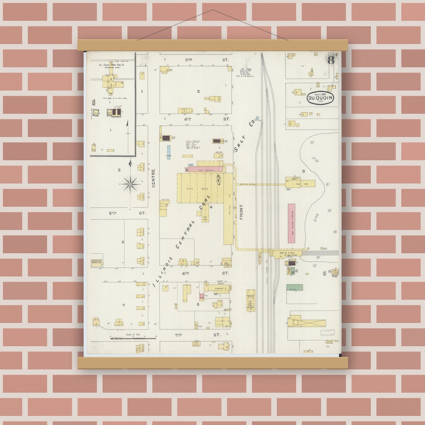 Old map wall art mockup — magnetic wood frame on brick wall — Sanborn Fire Insurance Map from Du Quoin, Perry County, Illinois (1894), Sheet #0008