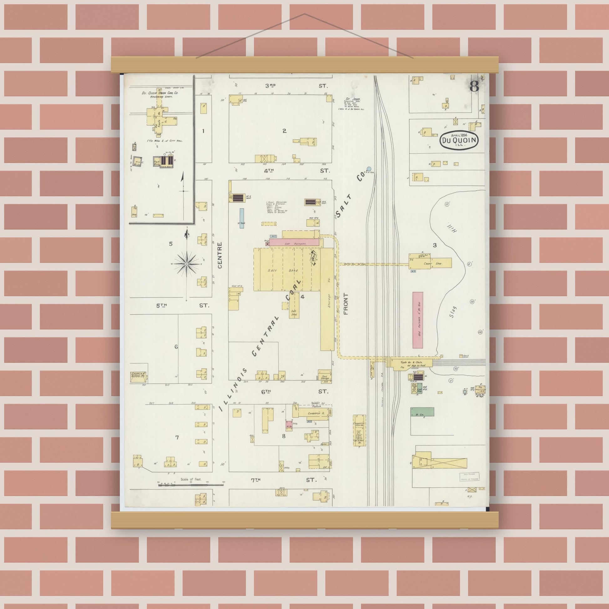 Old map wall art mockup — magnetic wood frame on brick wall — Sanborn Fire Insurance Map from Du Quoin, Perry County, Illinois (1894), Sheet #0008