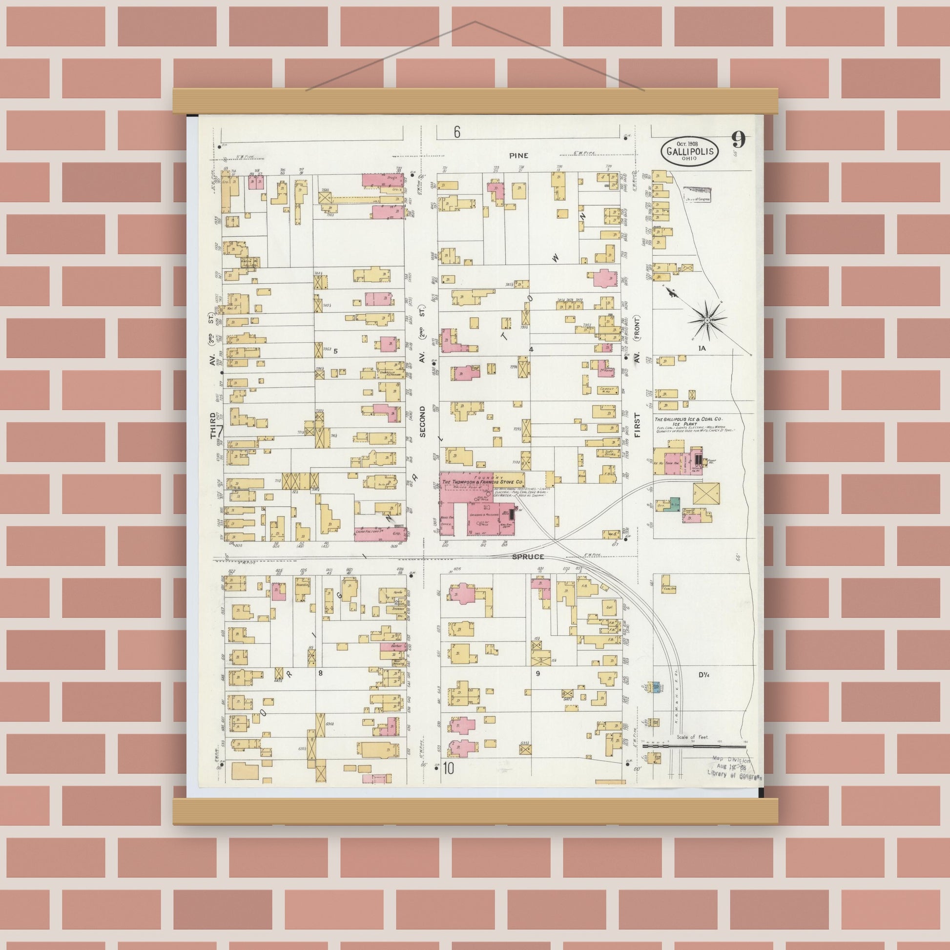 Old map wall art mockup — magnetic wood frame on brick wall — Sanborn Fire Insurance Map from Gallipolis, Gallia County, Ohio (1908), Sheet #0009