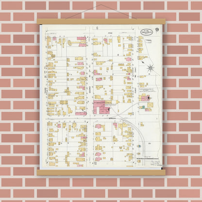 Old map wall art mockup — magnetic wood frame on brick wall — Sanborn Fire Insurance Map from Gallipolis, Gallia County, Ohio (1908), Sheet #0009