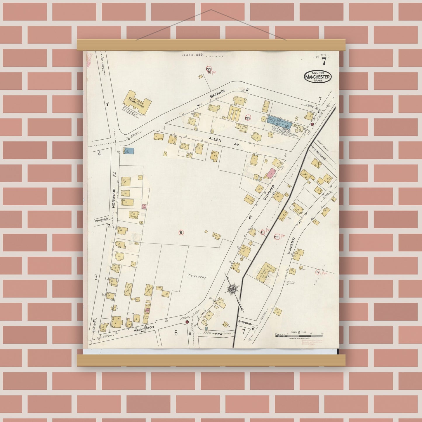 Old map wall art mockup — magnetic wood frame on brick wall — Sanborn Fire Insurance Map from Manchester, Essex County, Massachusetts (1941), Sheet #0007