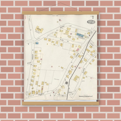 Old map wall art mockup — magnetic wood frame on brick wall — Sanborn Fire Insurance Map from Manchester, Essex County, Massachusetts (1941), Sheet #0007