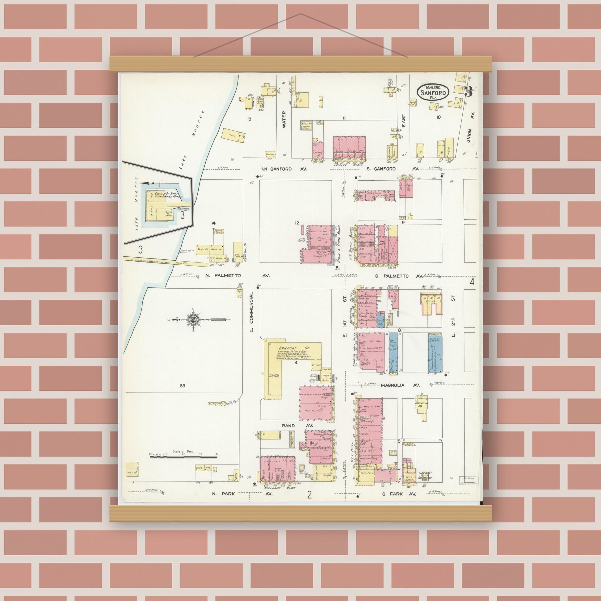 Old map wall art mockup — magnetic wood frame on brick wall — Sanborn Fire Insurance Map from Sanford, Seminole County, Florida (1912), Sheet #0003