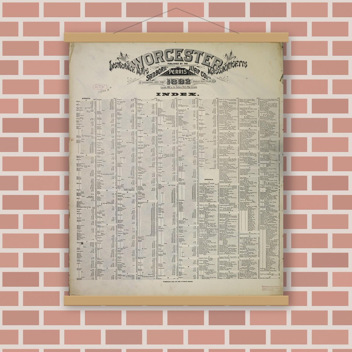 Old map wall art mockup — magnetic wood frame on brick wall — Sanborn Fire Insurance Map from Worcester, Worcester County, Massachusetts (1892), Sheet #0001