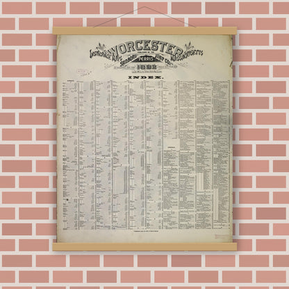 Old map wall art mockup — magnetic wood frame on brick wall — Sanborn Fire Insurance Map from Worcester, Worcester County, Massachusetts (1892), Sheet #0001