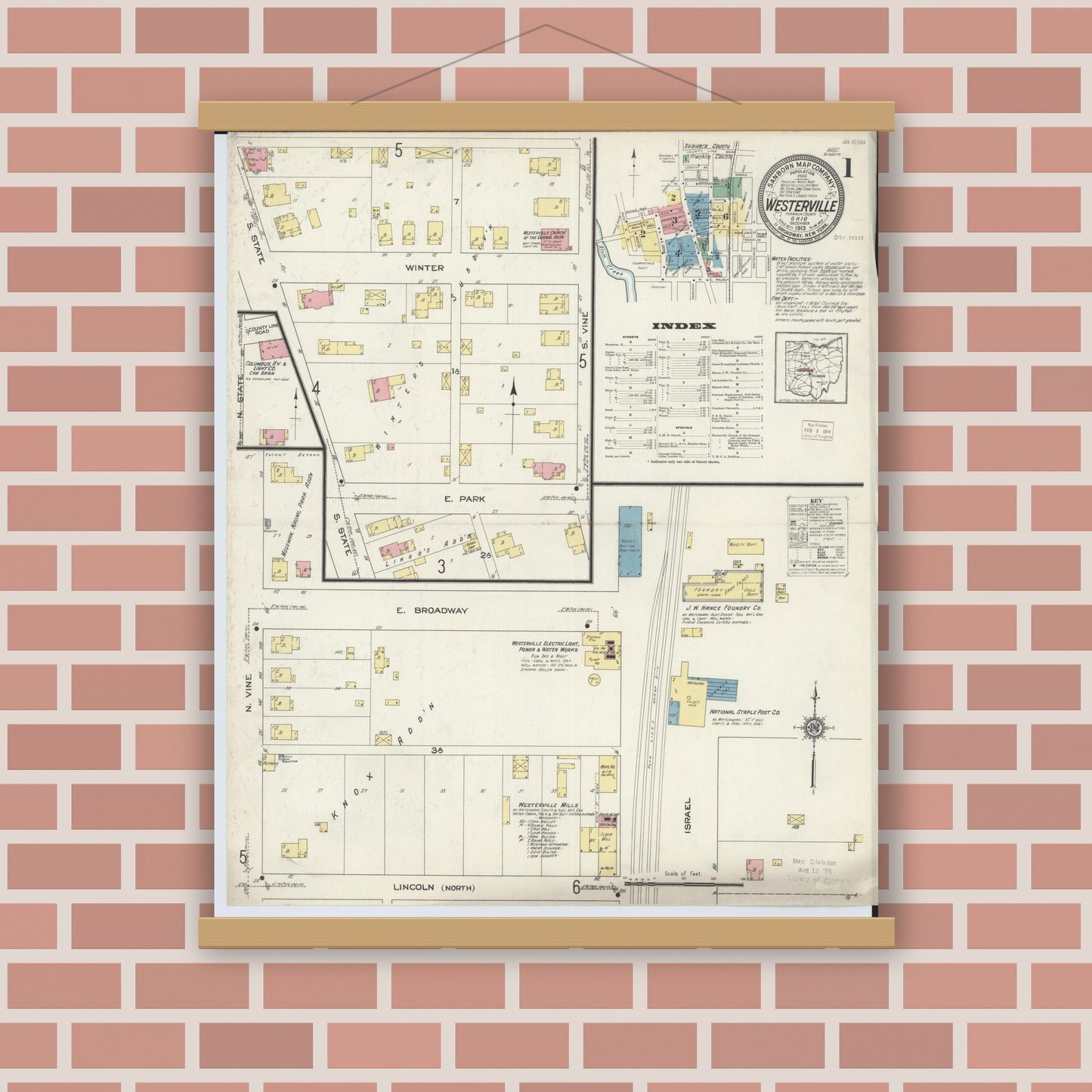 Old map wall art mockup — magnetic wood frame on brick wall — Sanborn Fire Insurance Map from Westerville, Franklin County, Ohio (1913), Sheet #0001