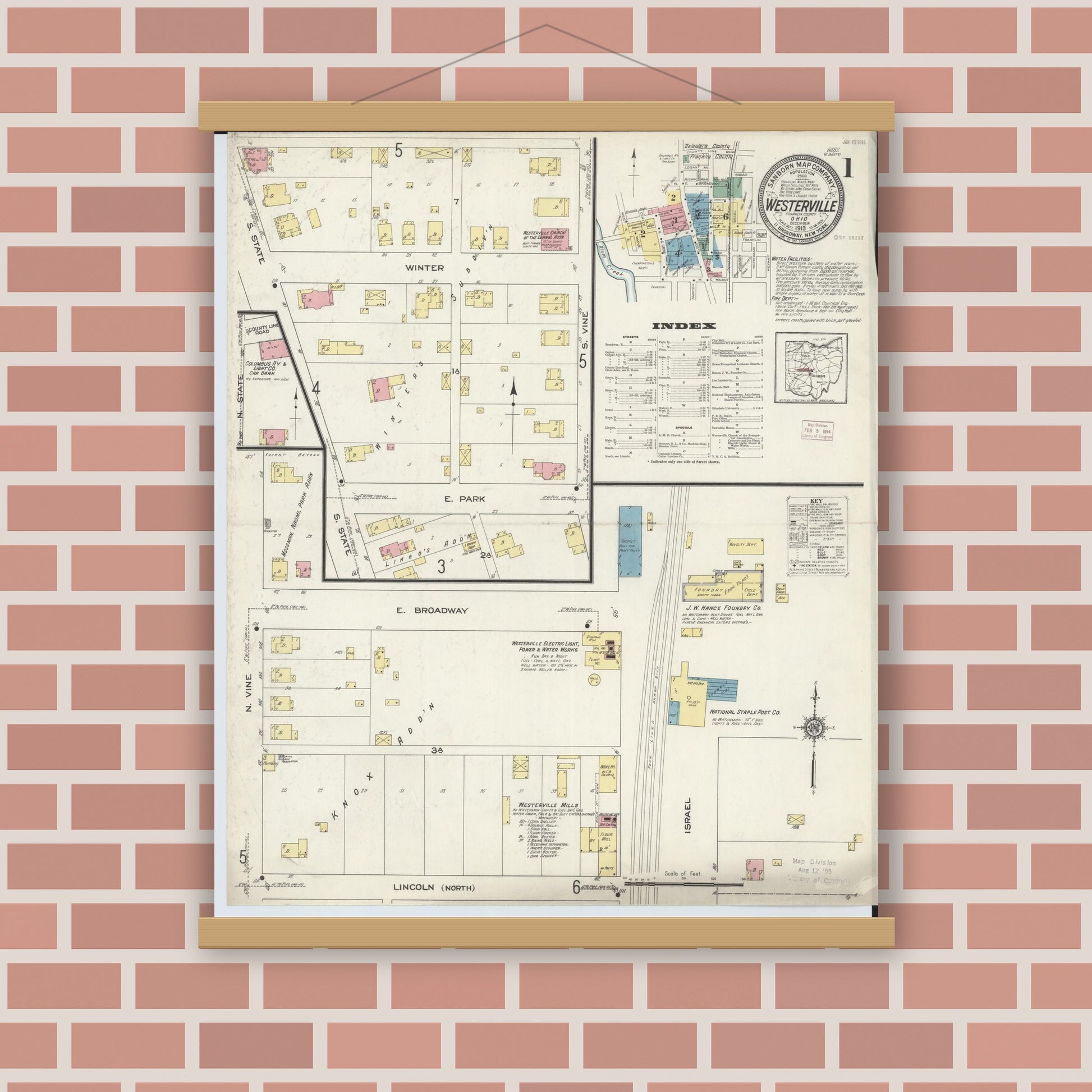 Old map wall art mockup — magnetic wood frame on brick wall — Sanborn Fire Insurance Map from Westerville, Franklin County, Ohio (1913), Sheet #0001