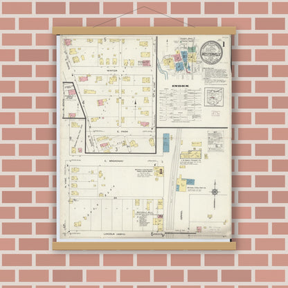 Old map wall art mockup — magnetic wood frame on brick wall — Sanborn Fire Insurance Map from Westerville, Franklin County, Ohio (1913), Sheet #0001