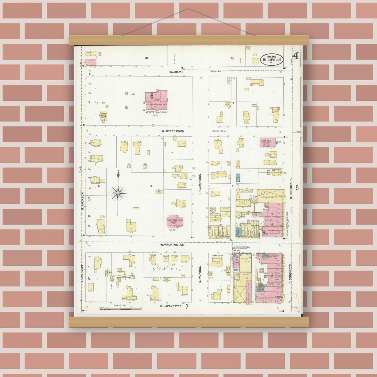 Old map wall art mockup — magnetic wood frame on brick wall — Sanborn Fire Insurance Map from Rushville, Schuyler County, Illinois (1906), Sheet #0004