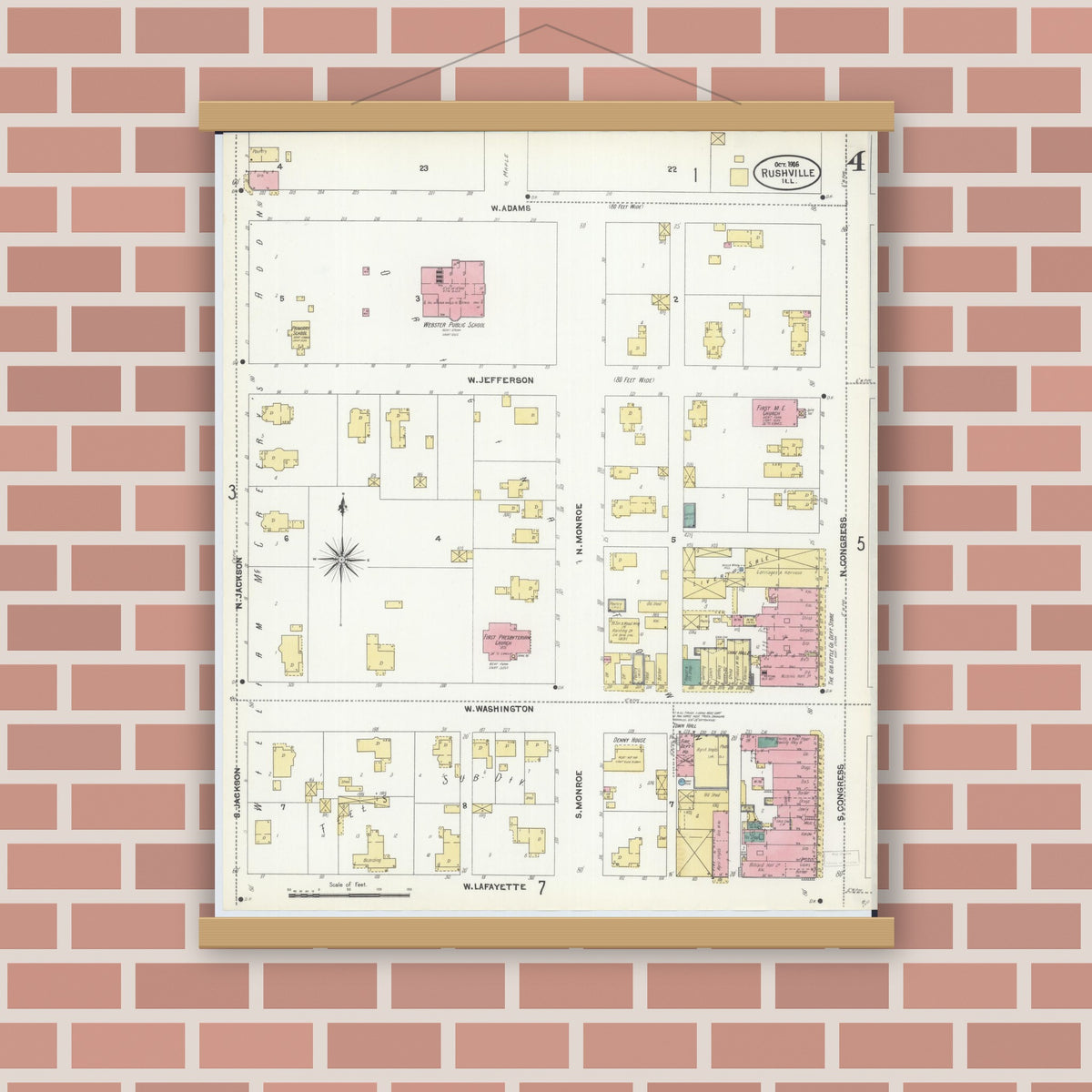Old map wall art mockup — magnetic wood frame on brick wall — Sanborn Fire Insurance Map from Rushville, Schuyler County, Illinois (1906), Sheet #0004