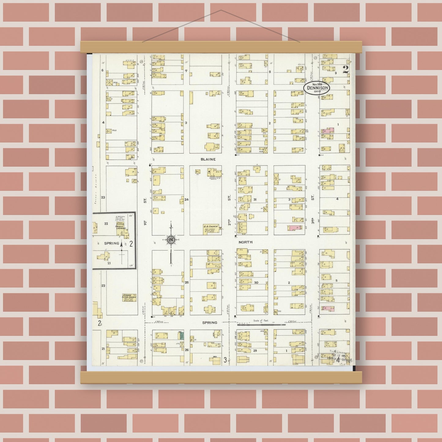 Old map wall art mockup — magnetic wood frame on brick wall — Sanborn Fire Insurance Map from Dennison, Tuscarawas County, Ohio (1909), Sheet #0002