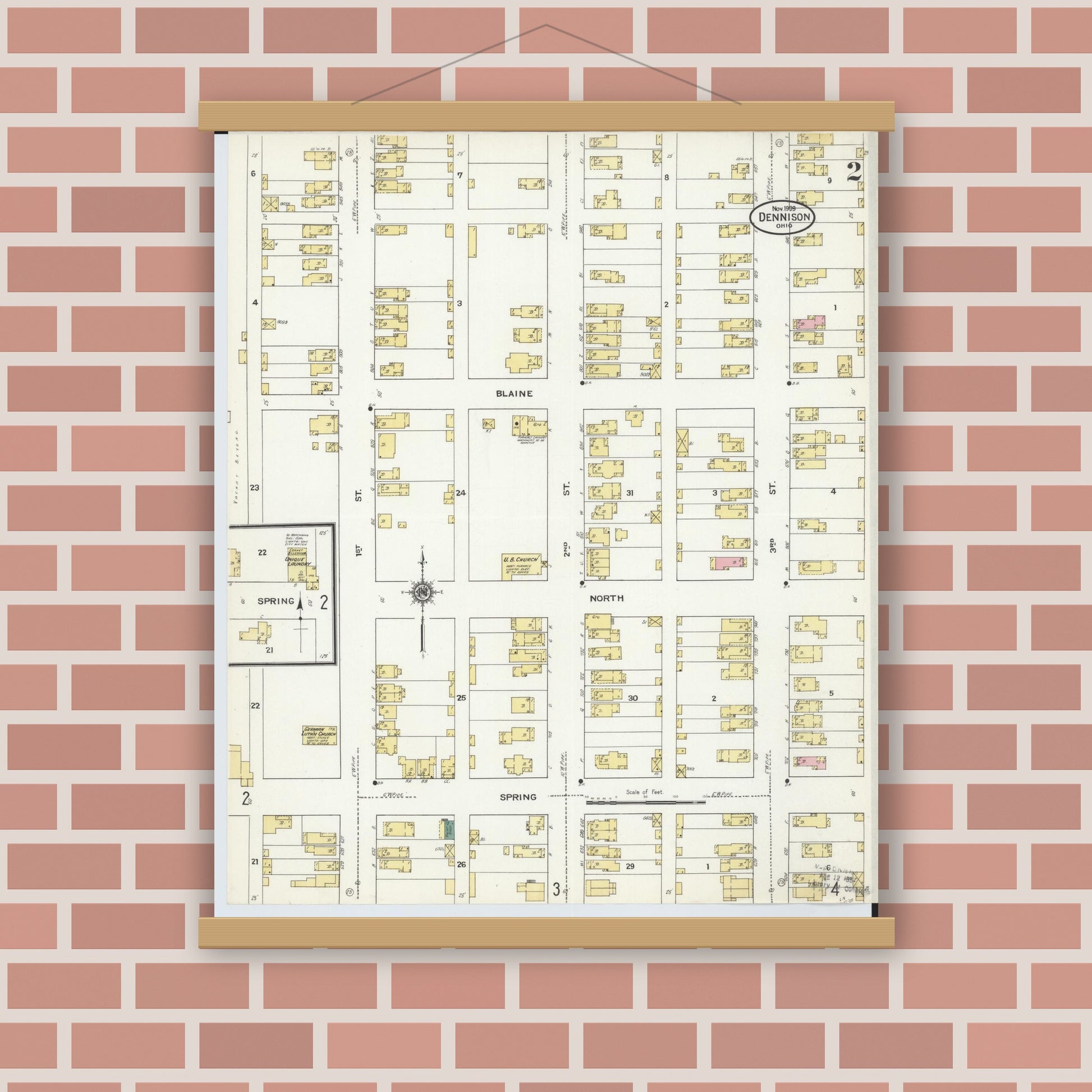Old map wall art mockup — magnetic wood frame on brick wall — Sanborn Fire Insurance Map from Dennison, Tuscarawas County, Ohio (1909), Sheet #0002