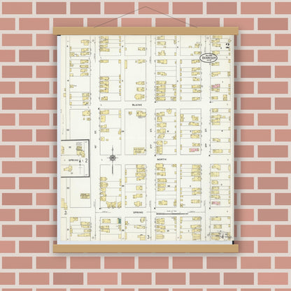 Old map wall art mockup — magnetic wood frame on brick wall — Sanborn Fire Insurance Map from Dennison, Tuscarawas County, Ohio (1909), Sheet #0002