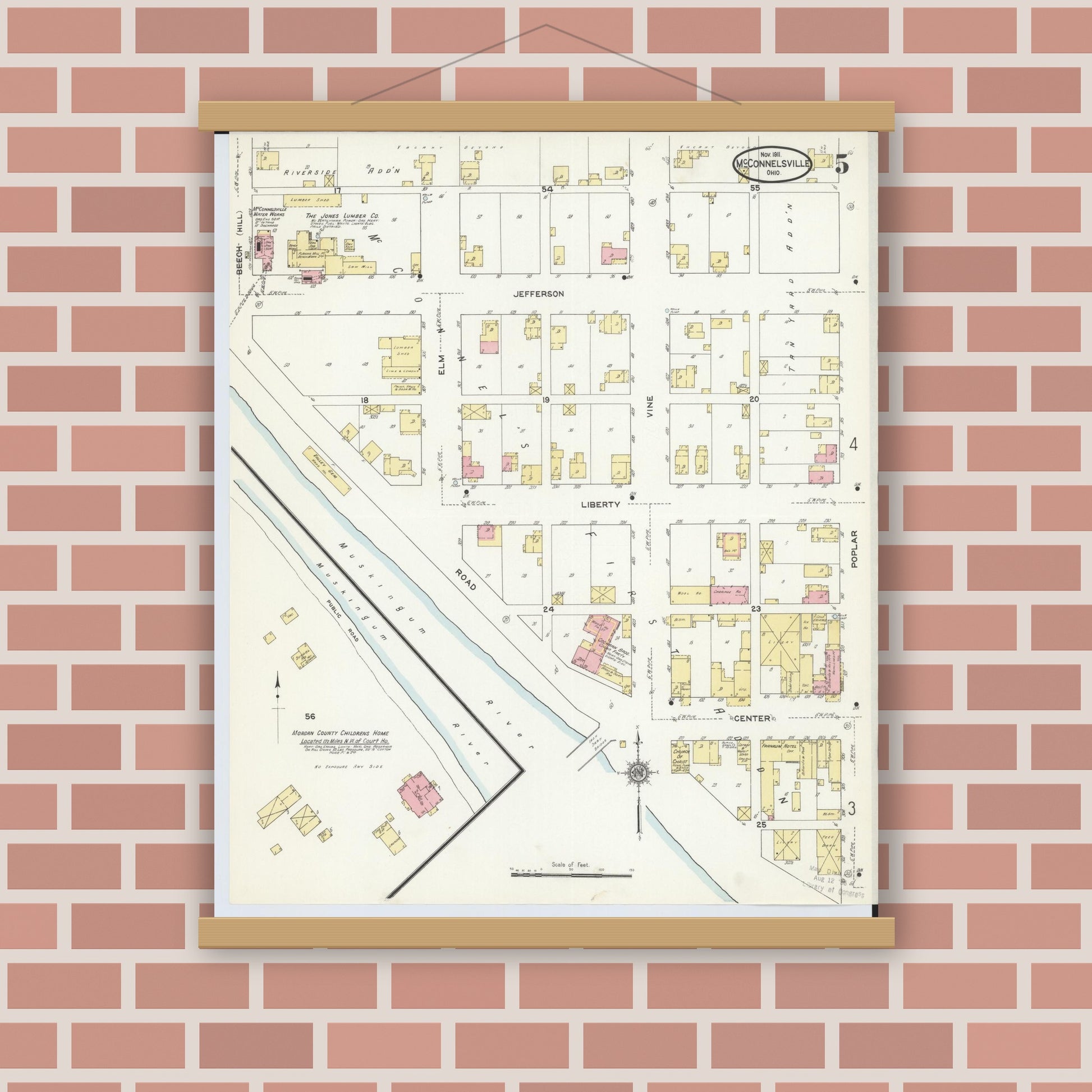 Old map wall art mockup — magnetic wood frame on brick wall — Sanborn Fire Insurance Map from McConnelsville, Morgan County, Ohio (1911), Sheet #0005