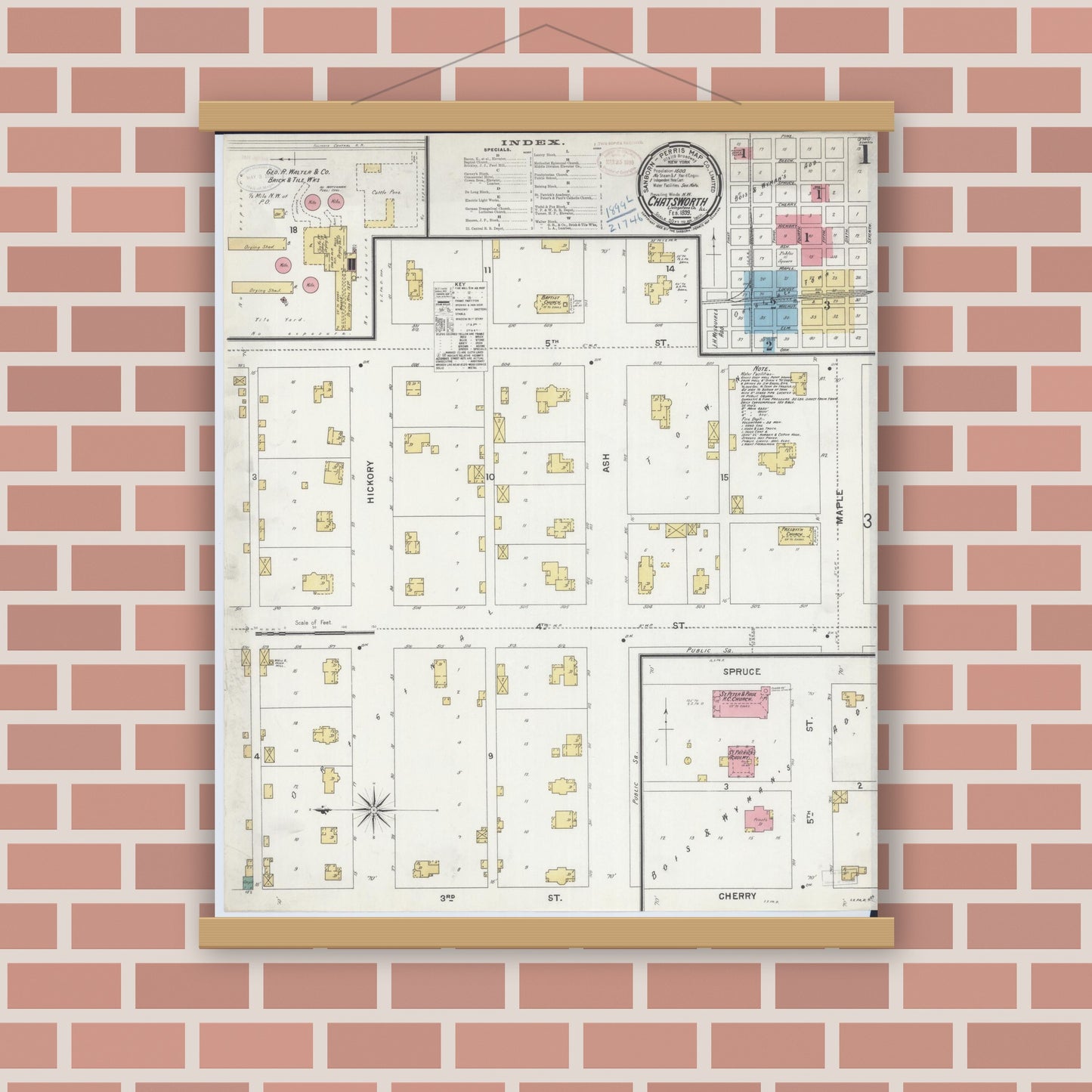 Old map wall art mockup — magnetic wood frame on brick wall — Sanborn Fire Insurance Map from Chatsworth, Livingston County, Illinois (1899) - Complete Map Set