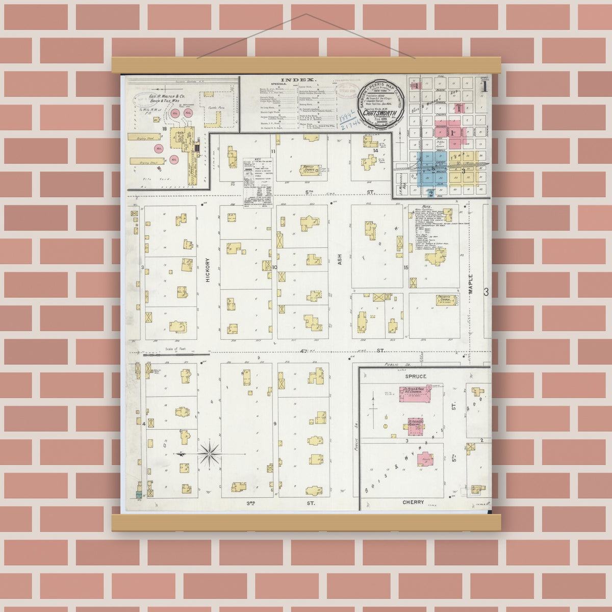 Old map wall art mockup — magnetic wood frame on brick wall — Sanborn Fire Insurance Map from Chatsworth, Livingston County, Illinois (1899) - Complete Map Set