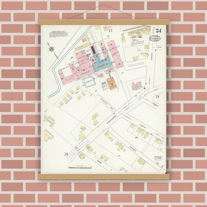 Old map wall art mockup — magnetic wood frame on brick wall — Sanborn Fire Insurance Map from Peabody, Essex County, Massachusetts (1914), Sheet #0024