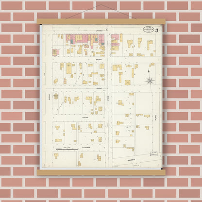 Old map wall art mockup — magnetic wood frame on brick wall — Sanborn Fire Insurance Map from Augusta, Eau Claire County, Wisconsin (1903), Sheet #0003