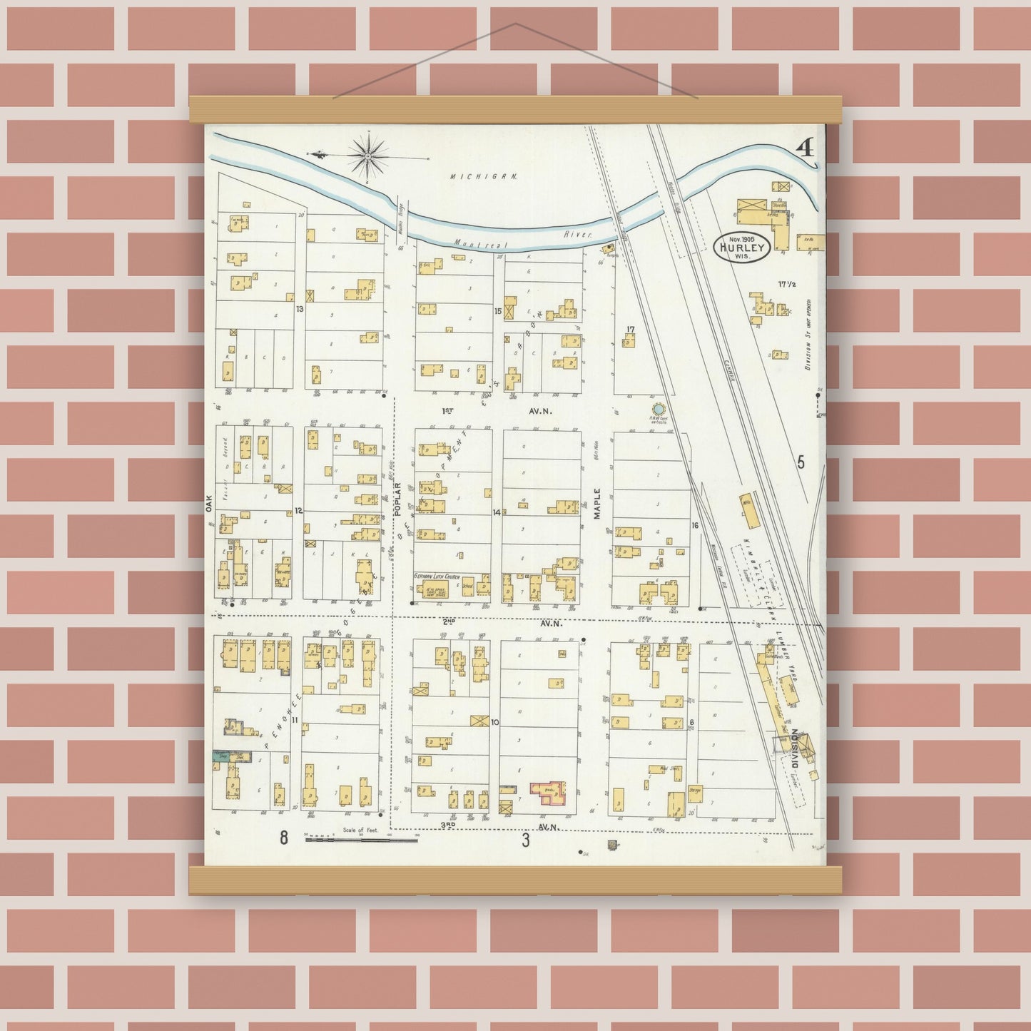 Old map wall art mockup — magnetic wood frame on brick wall — Sanborn Fire Insurance Map from Hurley, Iron County, Wisconsin (1905), Sheet #0004