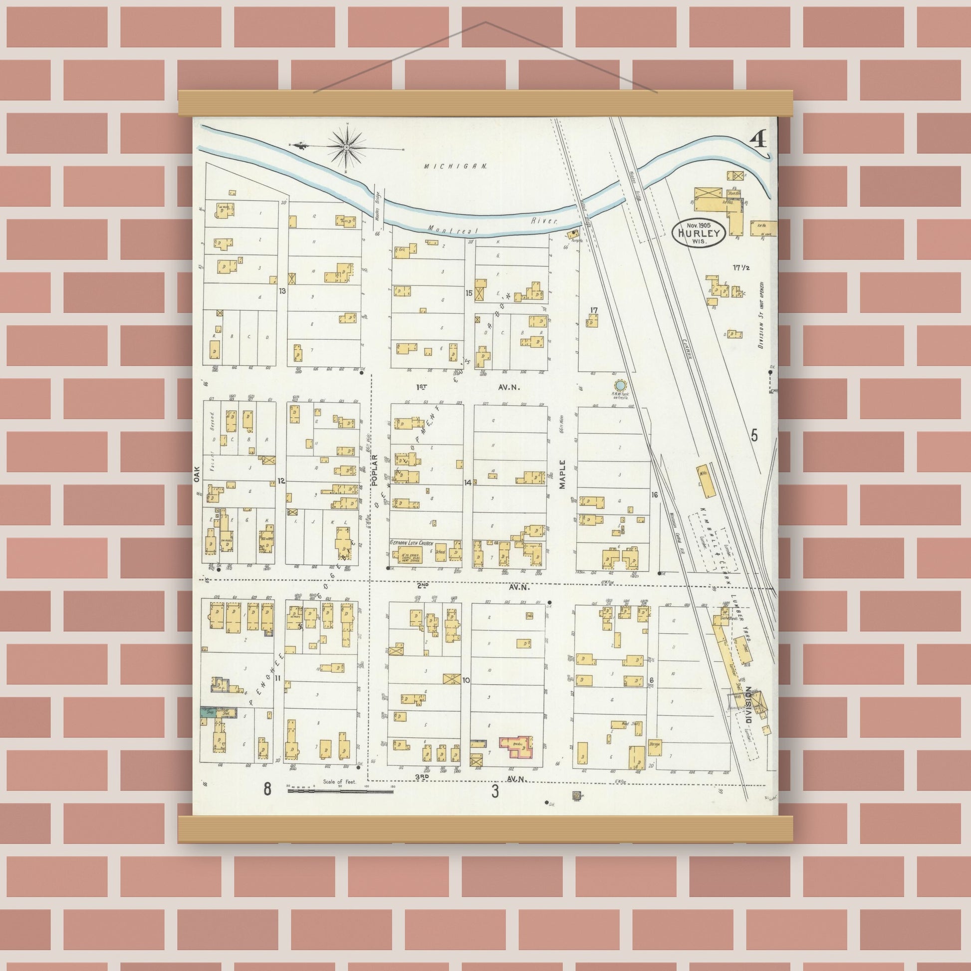 Old map wall art mockup — magnetic wood frame on brick wall — Sanborn Fire Insurance Map from Hurley, Iron County, Wisconsin (1905), Sheet #0004