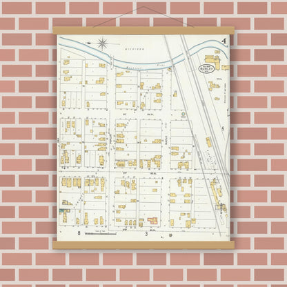 Old map wall art mockup — magnetic wood frame on brick wall — Sanborn Fire Insurance Map from Hurley, Iron County, Wisconsin (1905), Sheet #0004