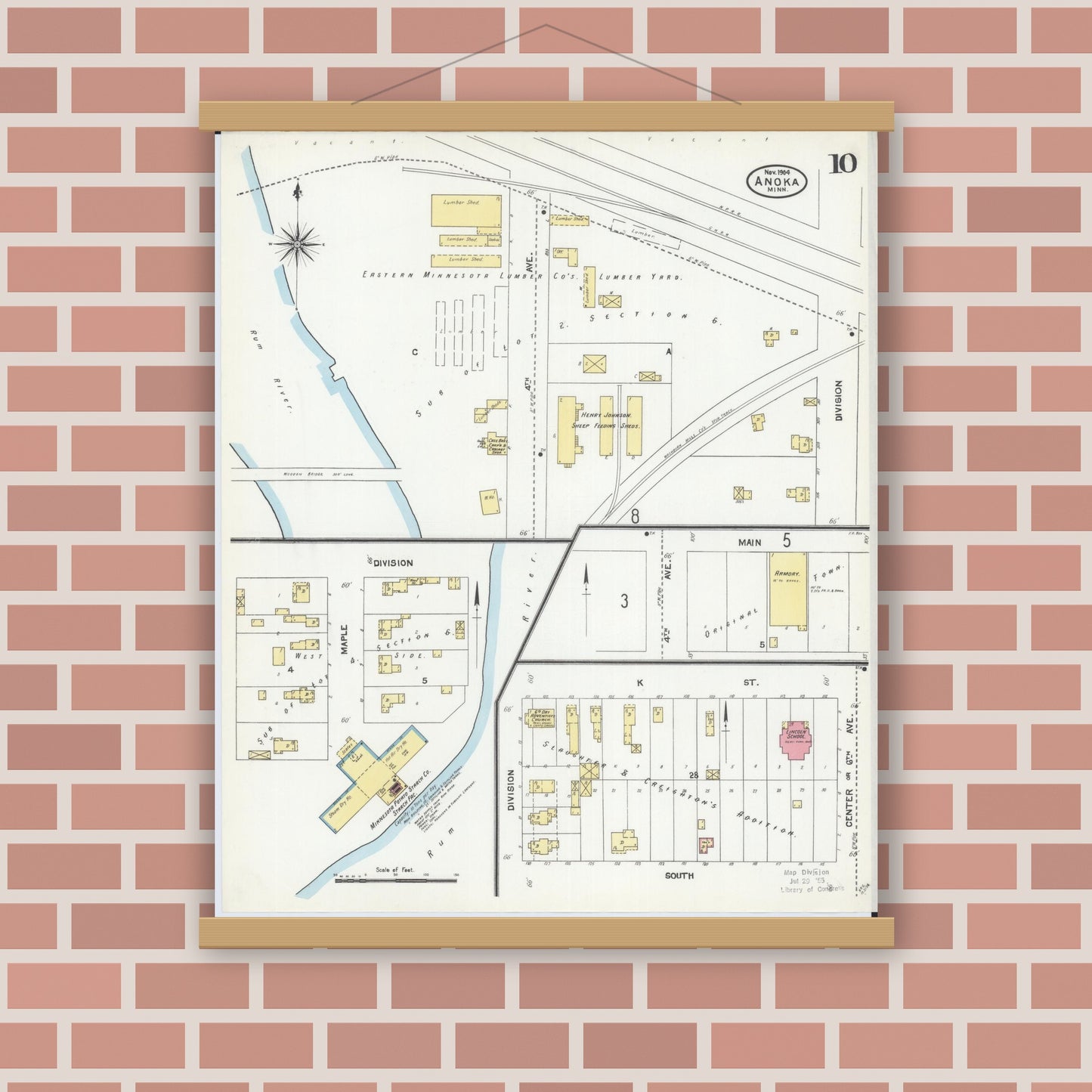 Old map wall art mockup — magnetic wood frame on brick wall — Sanborn Fire Insurance Map from Anoka, Anoka County, Minnesota (1904), Sheet #0010