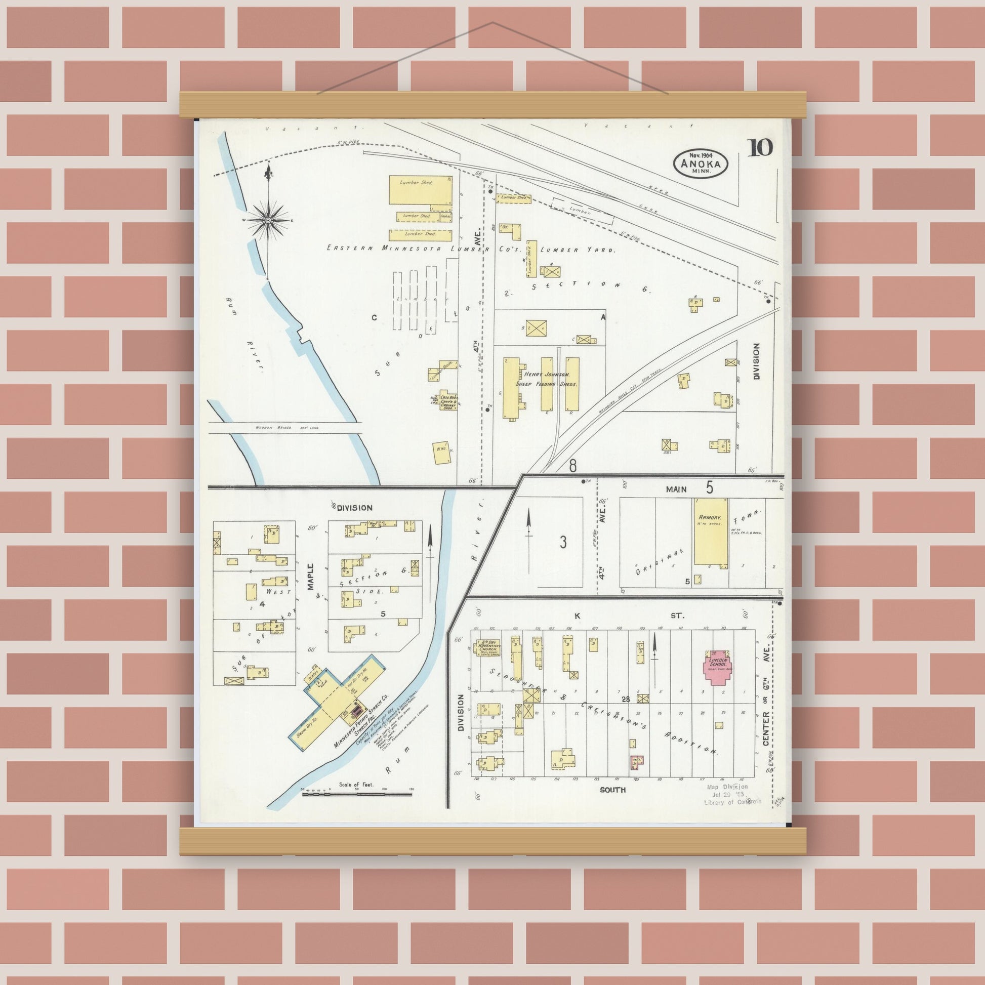 Old map wall art mockup — magnetic wood frame on brick wall — Sanborn Fire Insurance Map from Anoka, Anoka County, Minnesota (1904), Sheet #0010