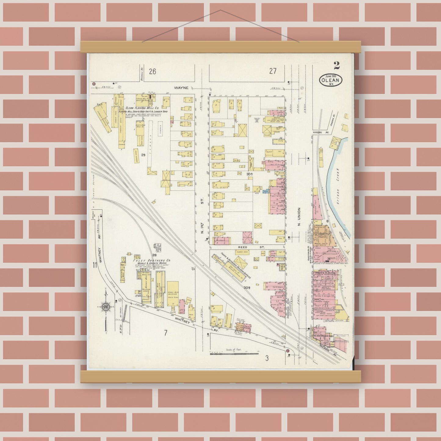 Old map wall art mockup — magnetic wood frame on brick wall — Sanborn Fire Insurance Map from Olean, Cattaraugus County, New York (1915) - Complete Map Set