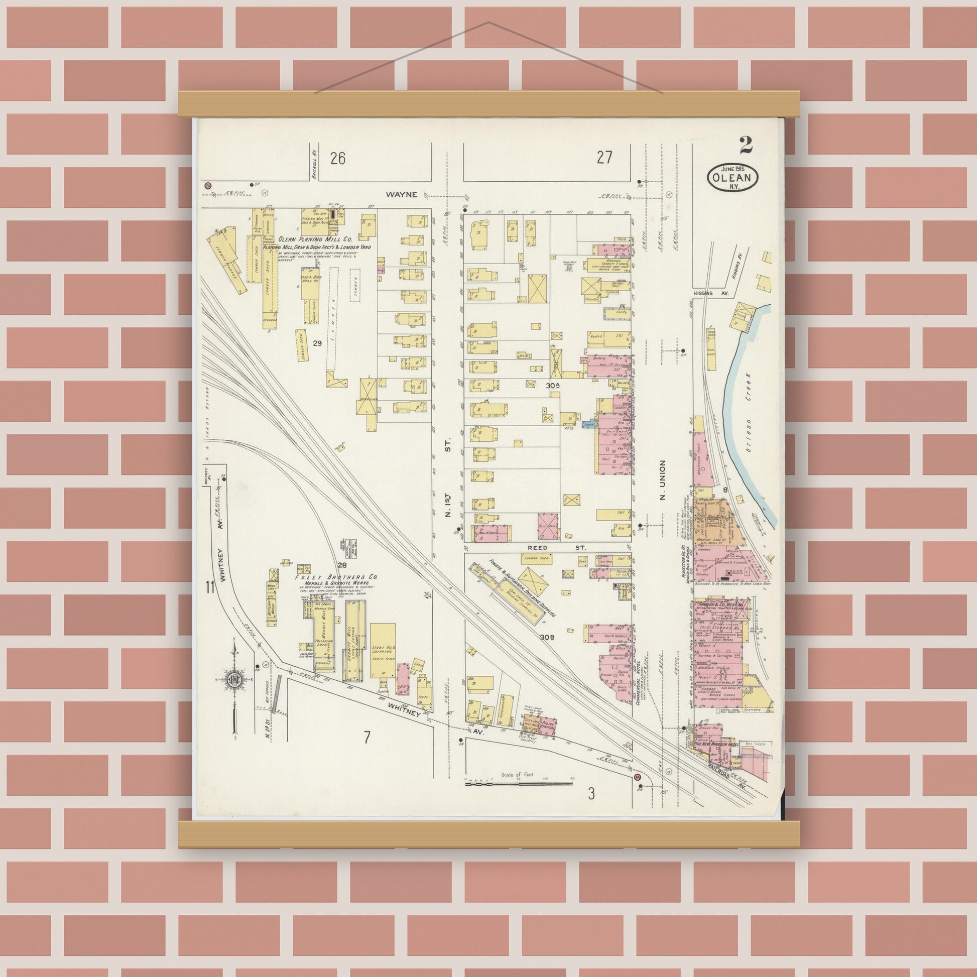Old map wall art mockup — magnetic wood frame on brick wall — Sanborn Fire Insurance Map from Olean, Cattaraugus County, New York (1915) - Complete Map Set