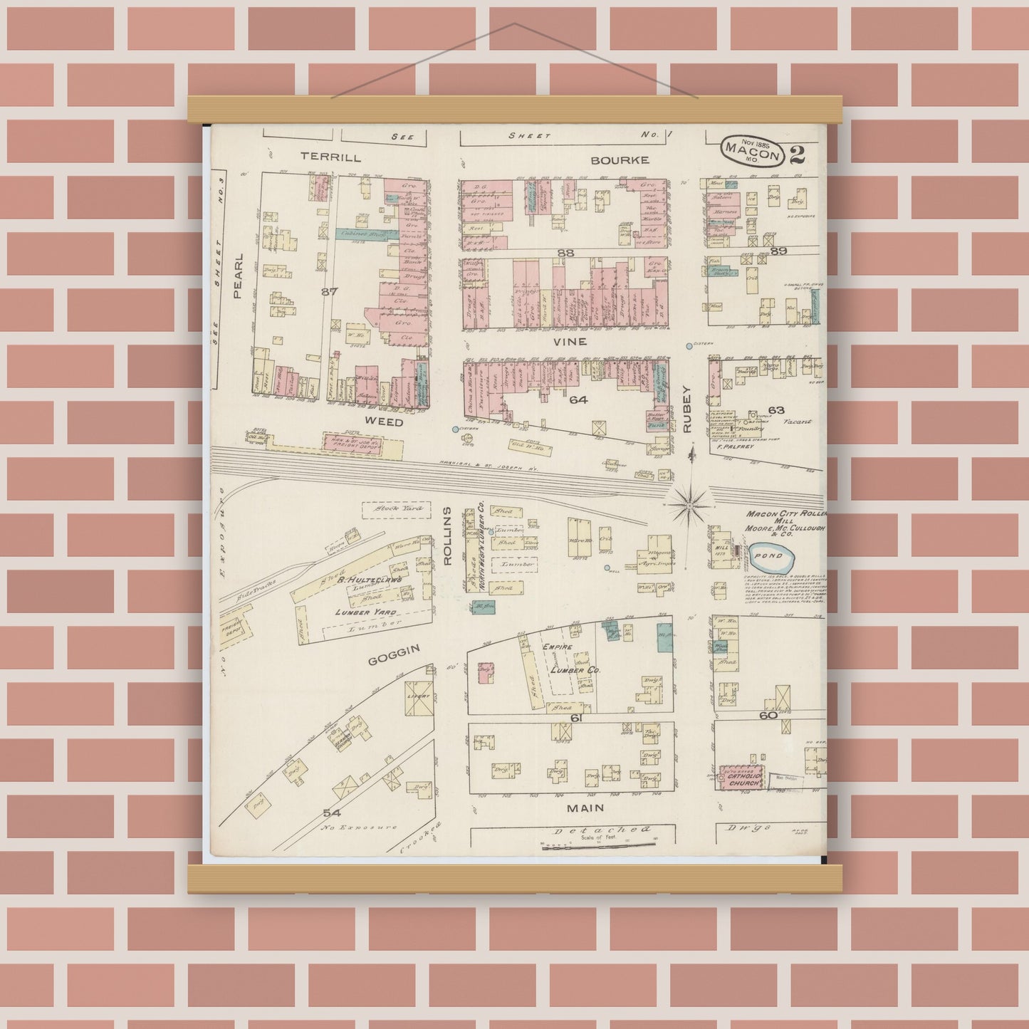 Old map wall art mockup — magnetic wood frame on brick wall — Sanborn Fire Insurance Map from Macon, Macon County, Missouri (1885), Sheet #0002