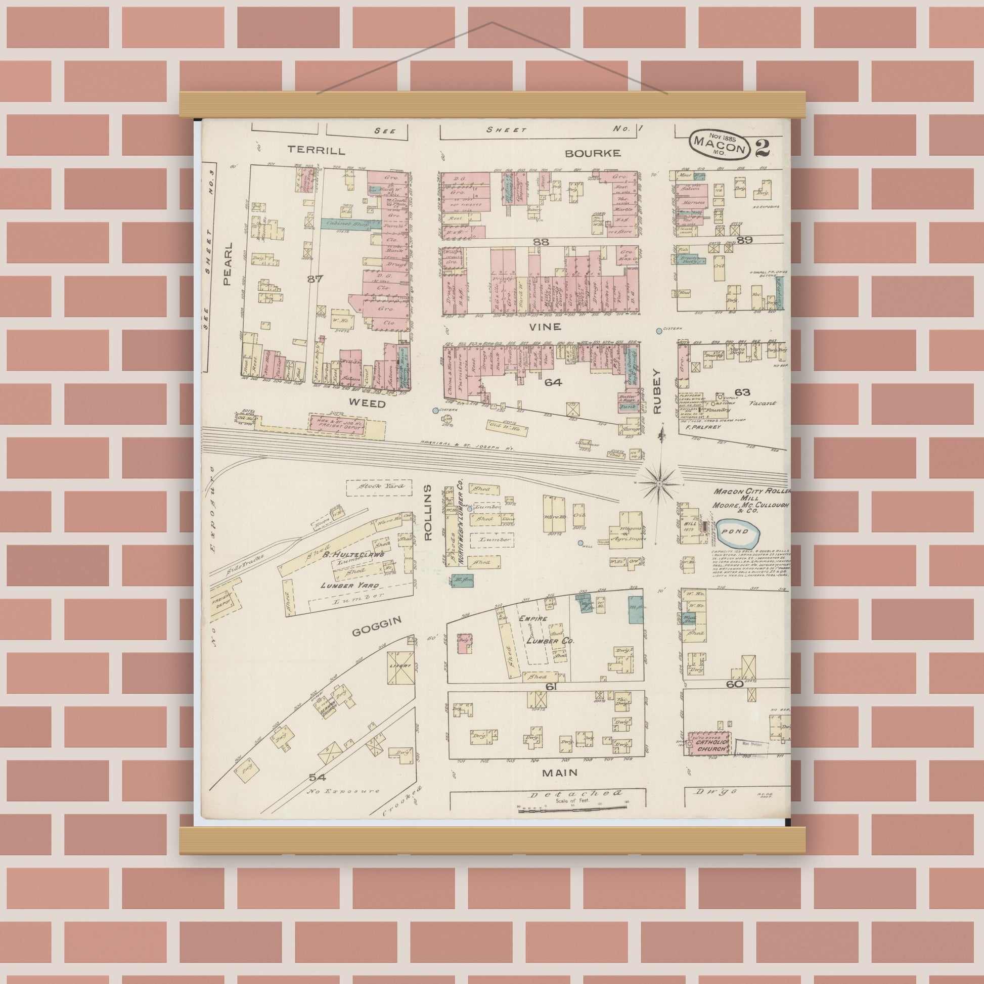 Old map wall art mockup — magnetic wood frame on brick wall — Sanborn Fire Insurance Map from Macon, Macon County, Missouri (1885), Sheet #0002