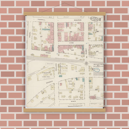 Old map wall art mockup — magnetic wood frame on brick wall — Sanborn Fire Insurance Map from Macon, Macon County, Missouri (1885), Sheet #0002