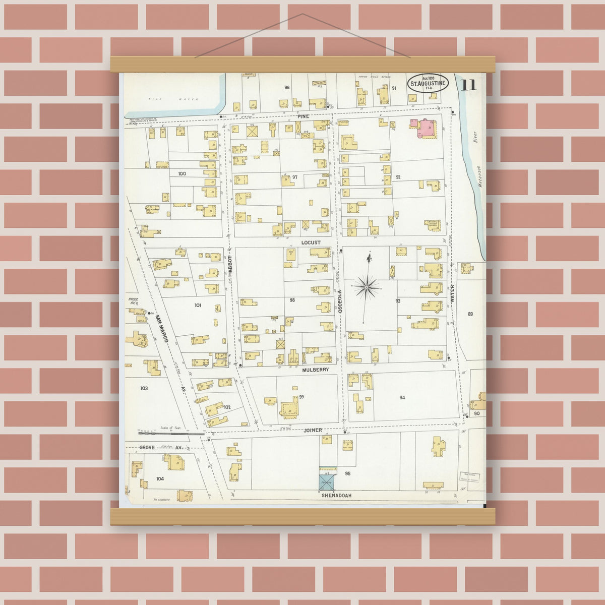 Old map wall art mockup — magnetic wood frame on brick wall — Sanborn Fire Insurance Map from Saint Augustine, Saint John's County, Florida (1899), Sheet #0011