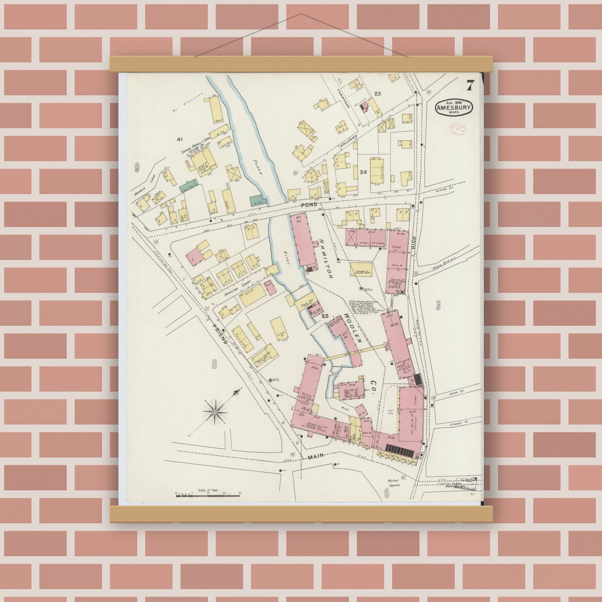 Old map wall art mockup — magnetic wood frame on brick wall — Sanborn Fire Insurance Map from Amesbury, Essex County, Massachusetts (1894), Sheet #0007