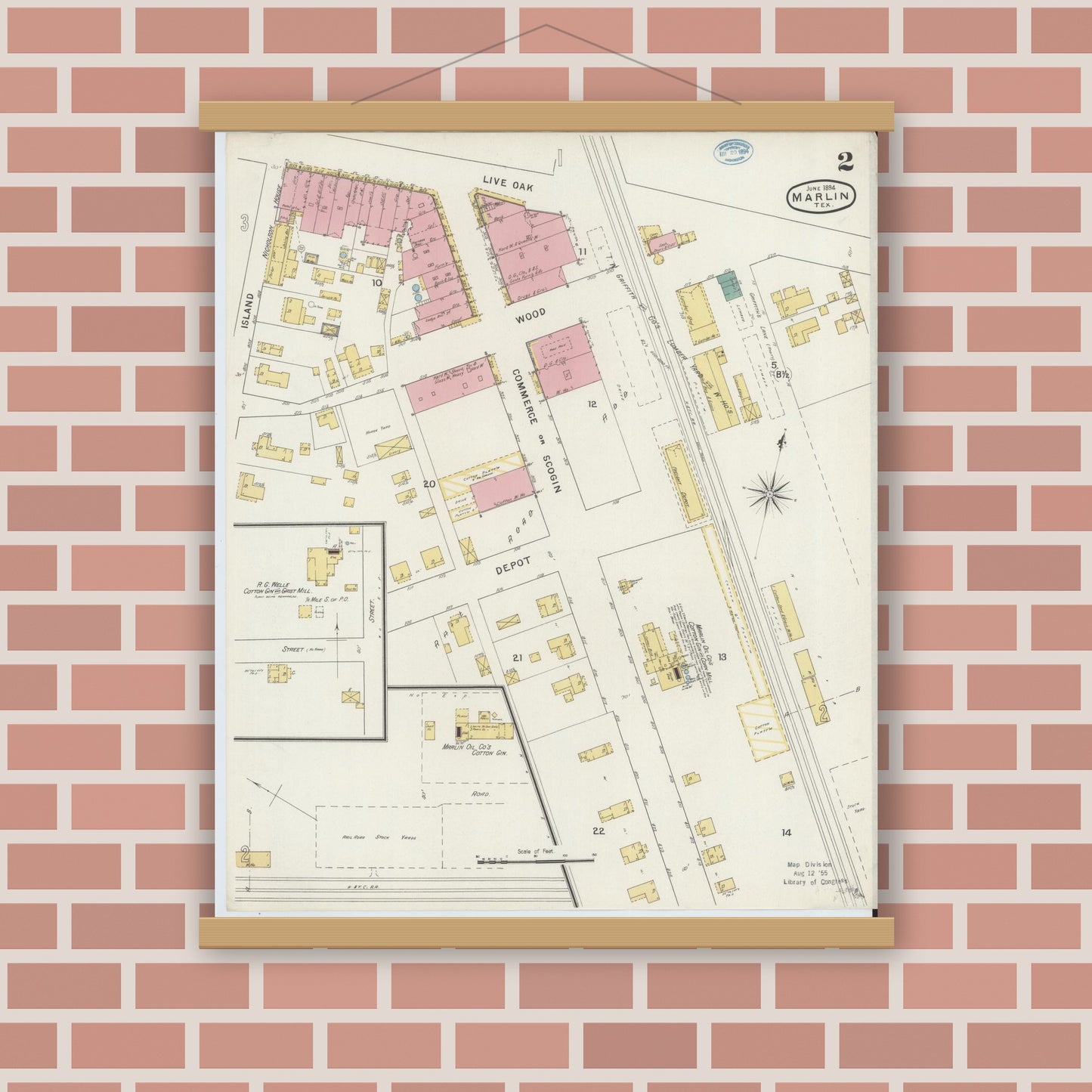 Old map wall art mockup — magnetic wood frame on brick wall — Sanborn Fire Insurance Map from Marlin, Falls County, Texas (1894), Sheet #0002