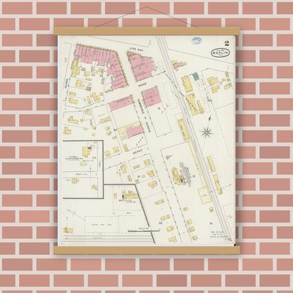 Old map wall art mockup — magnetic wood frame on brick wall — Sanborn Fire Insurance Map from Marlin, Falls County, Texas (1894), Sheet #0002