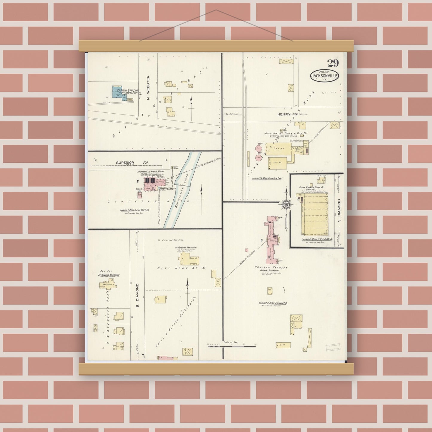Old map wall art mockup — magnetic wood frame on brick wall — Sanborn Fire Insurance Map from Jacksonville, Morgan County, Illinois (1914), Sheet #0029