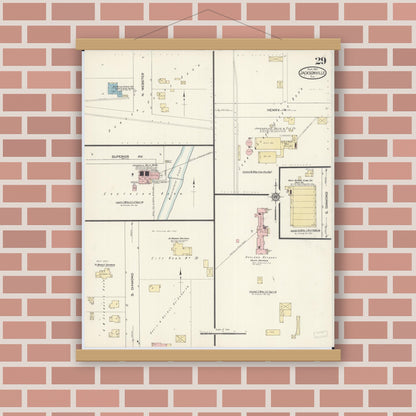 Old map wall art mockup — magnetic wood frame on brick wall — Sanborn Fire Insurance Map from Jacksonville, Morgan County, Illinois (1914), Sheet #0029