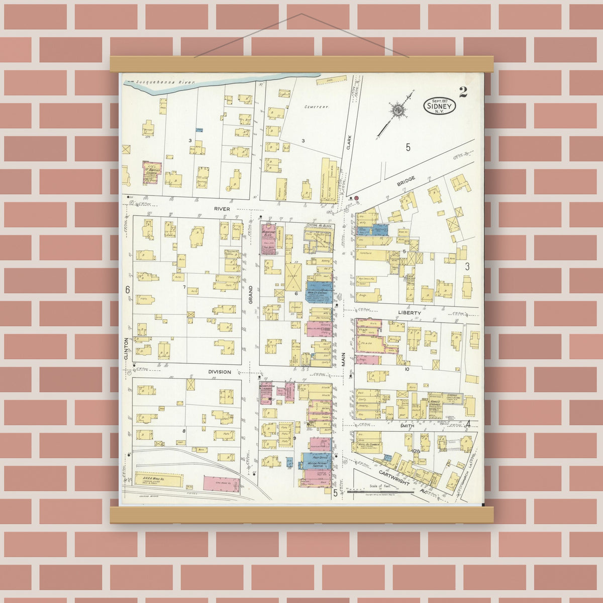 Old map wall art mockup — magnetic wood frame on brick wall — Sanborn Fire Insurance Map from Sidney, Delaware County, New York (1917), Sheet #0002