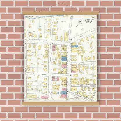 Old map wall art mockup — magnetic wood frame on brick wall — Sanborn Fire Insurance Map from Sidney, Delaware County, New York (1917), Sheet #0002