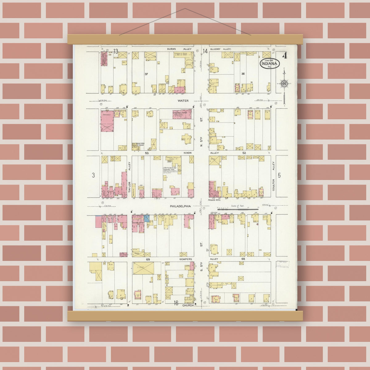 Old map wall art mockup — magnetic wood frame on brick wall — Sanborn Fire Insurance Map from Indiana, Indiana County, Pennsylvania (1916), Sheet #0004