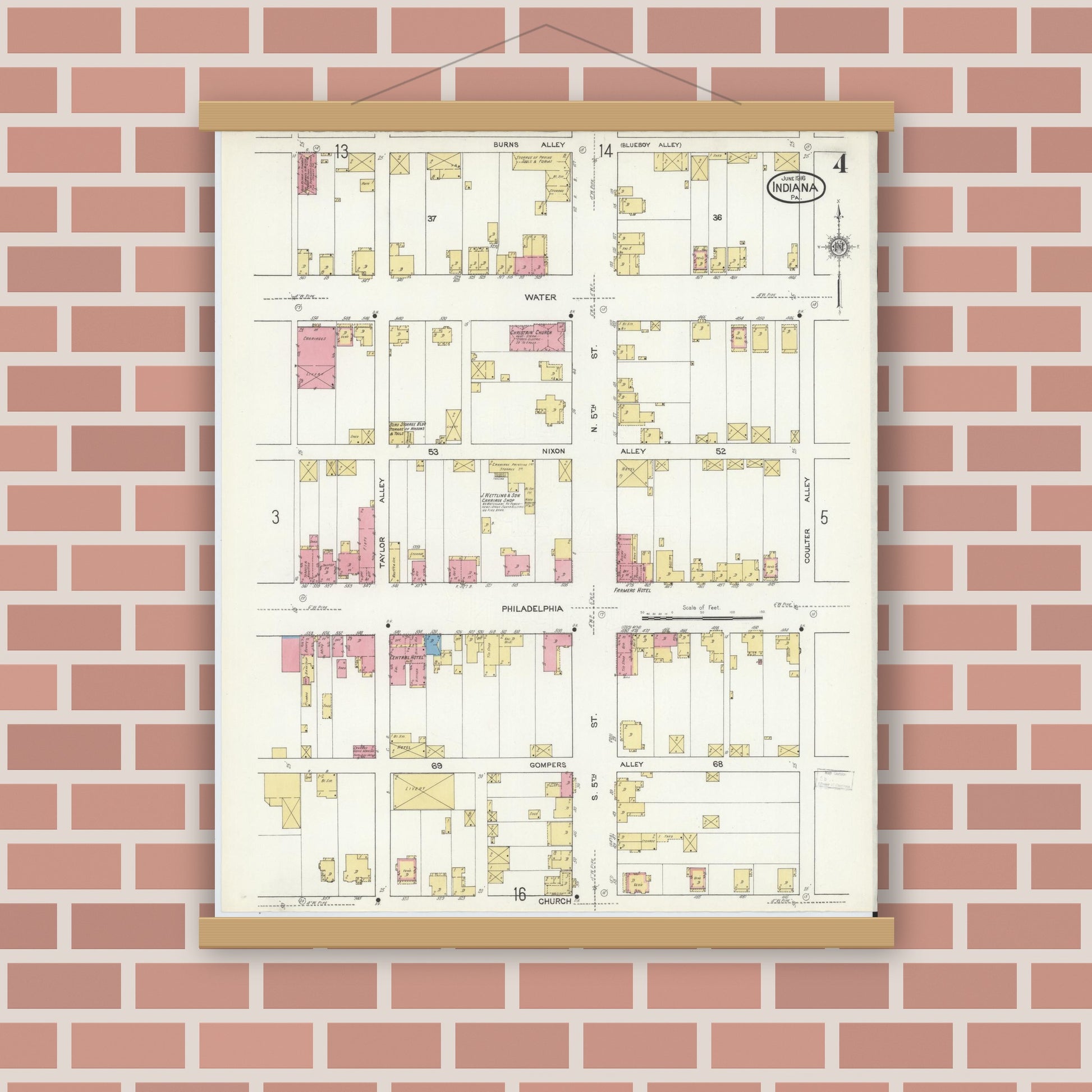 Old map wall art mockup — magnetic wood frame on brick wall — Sanborn Fire Insurance Map from Indiana, Indiana County, Pennsylvania (1916), Sheet #0004