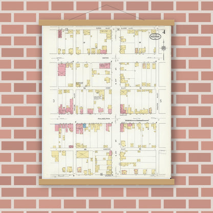 Old map wall art mockup — magnetic wood frame on brick wall — Sanborn Fire Insurance Map from Indiana, Indiana County, Pennsylvania (1916), Sheet #0004
