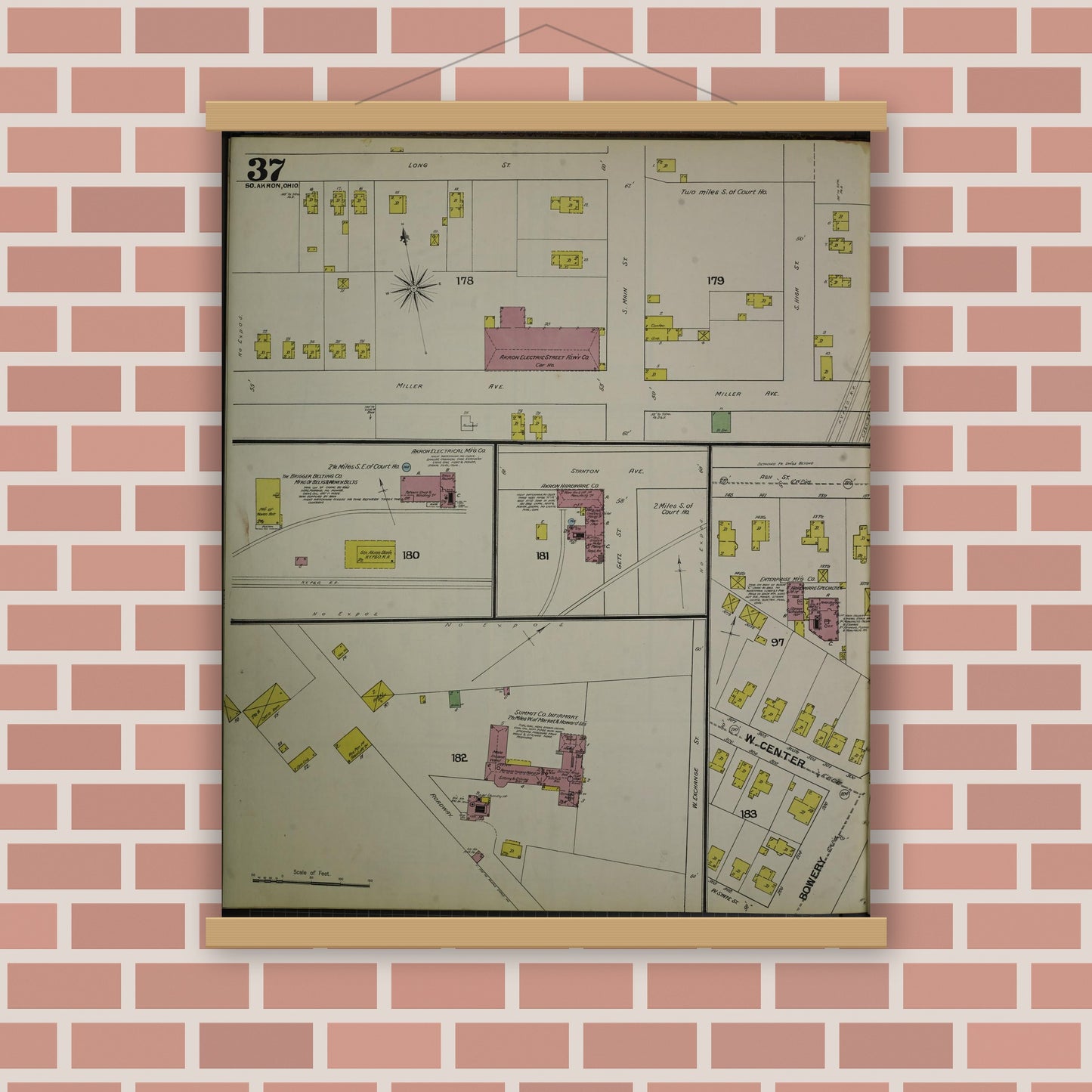 Old map wall art mockup — magnetic wood frame on brick wall — Sanborn Fire Insurance Map from Akron, Summit County, Ohio (1892), Sheet #0037