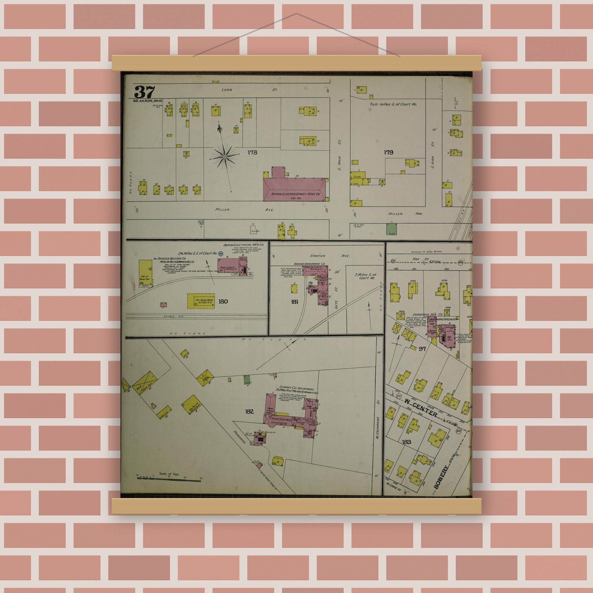 Old map wall art mockup — magnetic wood frame on brick wall — Sanborn Fire Insurance Map from Akron, Summit County, Ohio (1892), Sheet #0037
